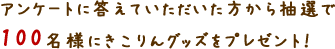 アンケートに答えていただいた方から抽選で100名様にきこりんグッズをプレゼント！